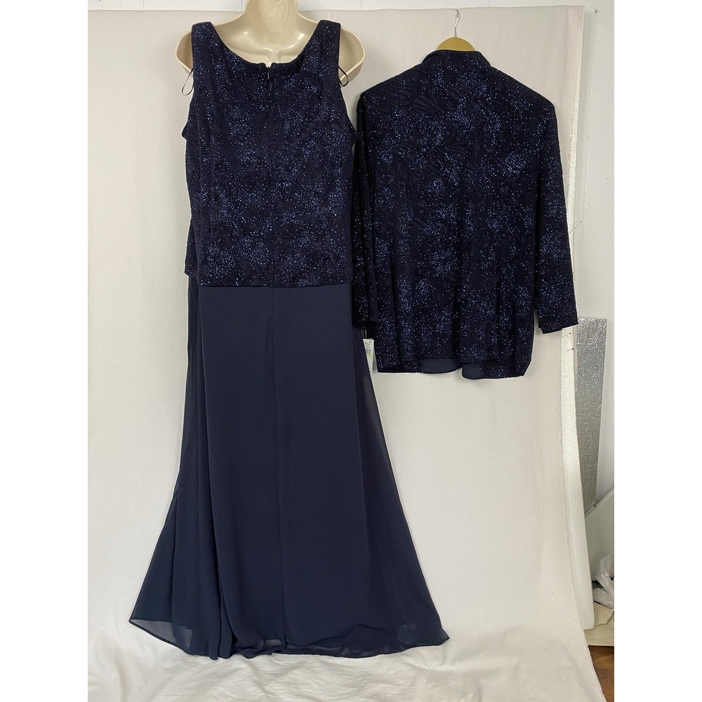 Alex Evenings 2 Piece Dress Jacket Set Womens 18W Navy Blue Glimmer Gown Formal - Picture 4 of 16